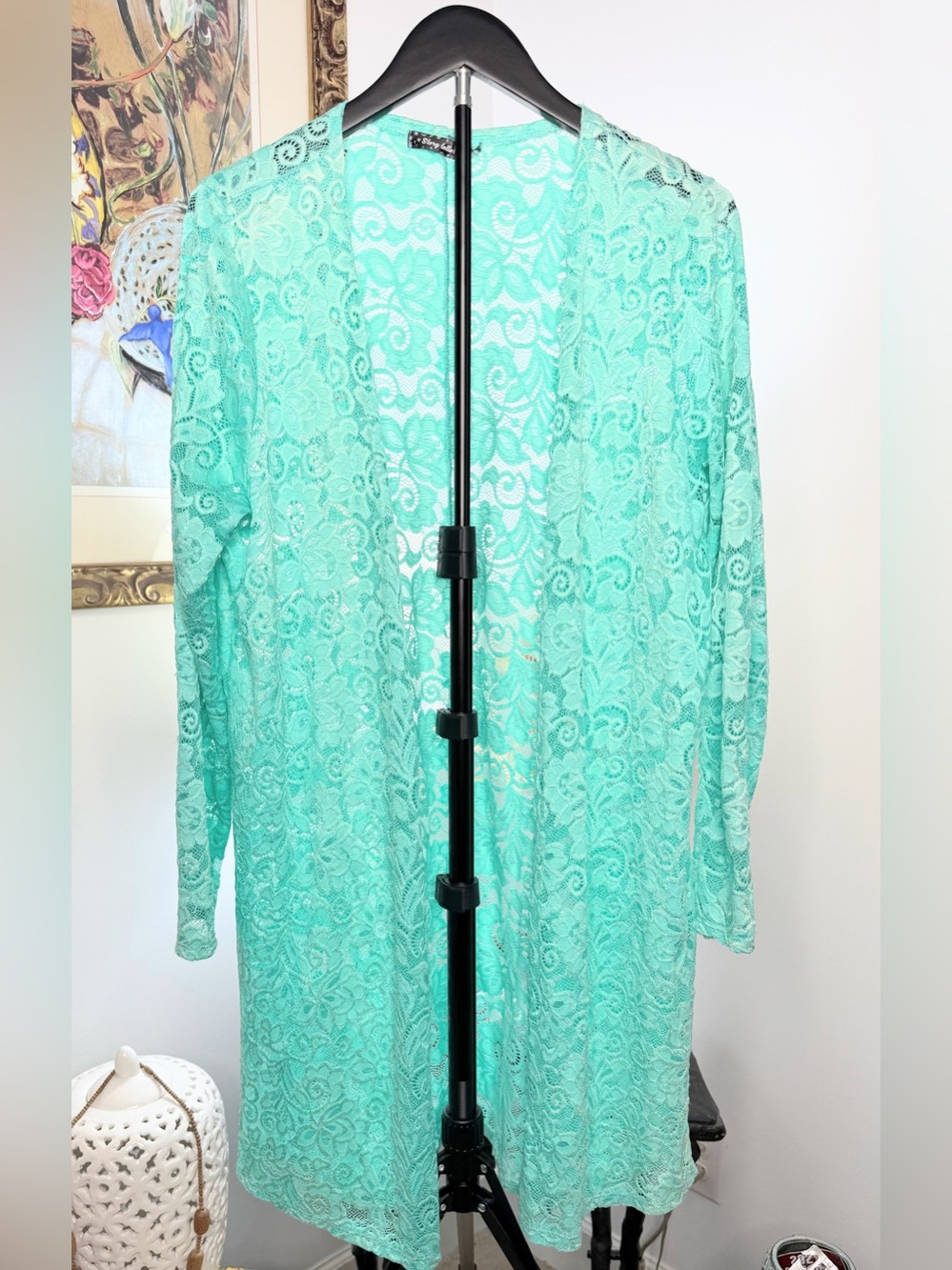 Storyteller 1X Aqua Lace Duster Cardigan Sheer Floral Long Sleeve Boho